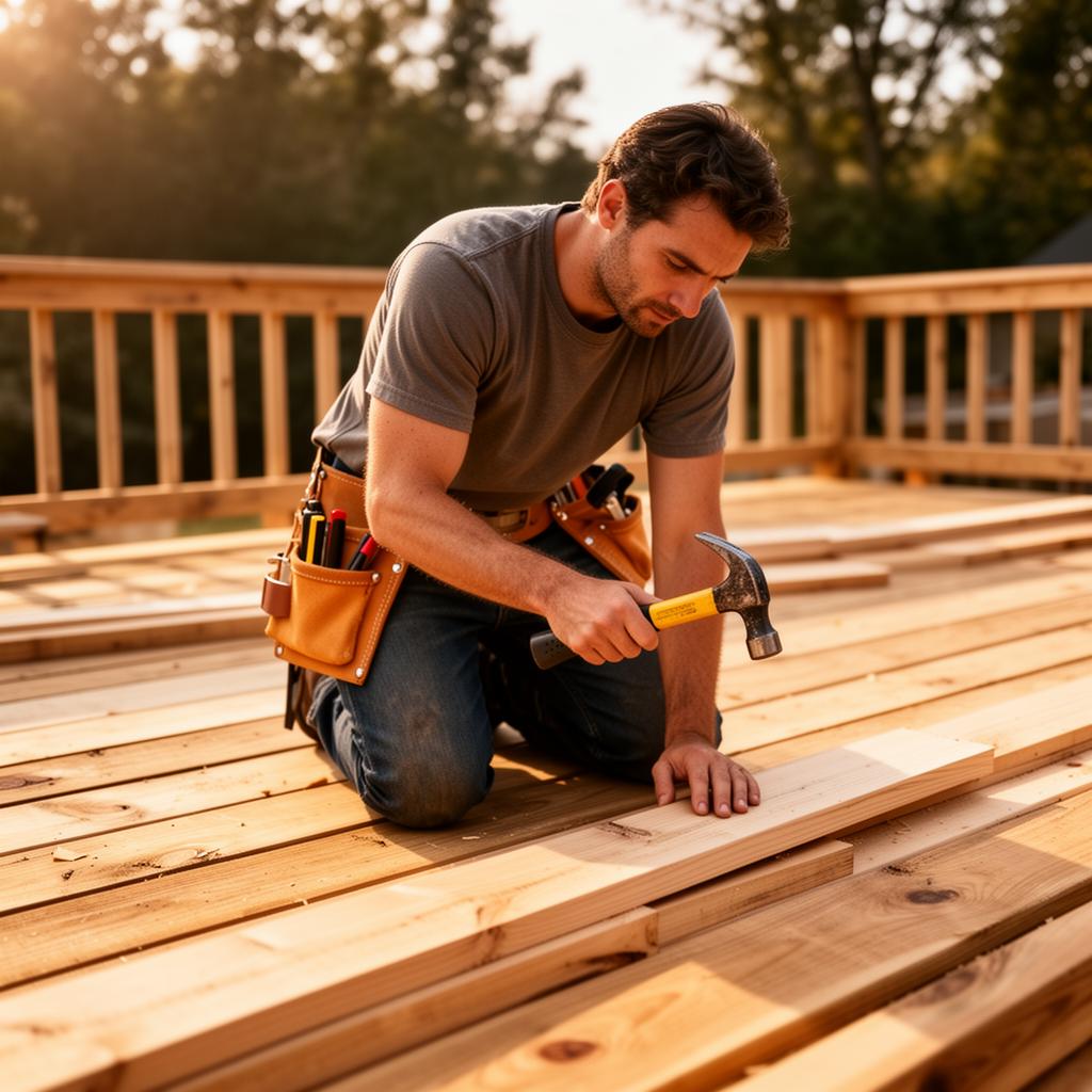 Skilled Bluebird craftsman building a deck